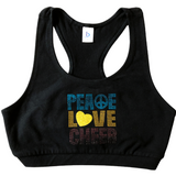 “Peace, Love, Cheer” Rhinestone Cheerleading Sports Bra